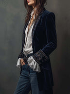 Adele | Blazer Lungo Vintage Ricamato Blu Navy