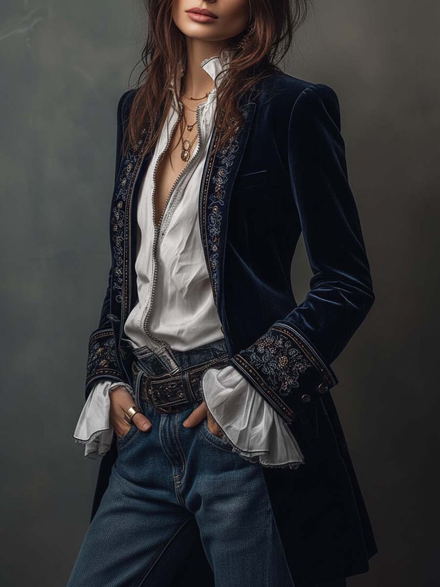 Adele | Blazer Lungo Vintage Ricamato Blu Navy