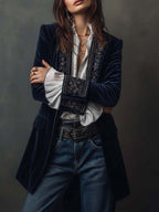 Adele | Blazer Lungo Vintage Ricamato Blu Navy