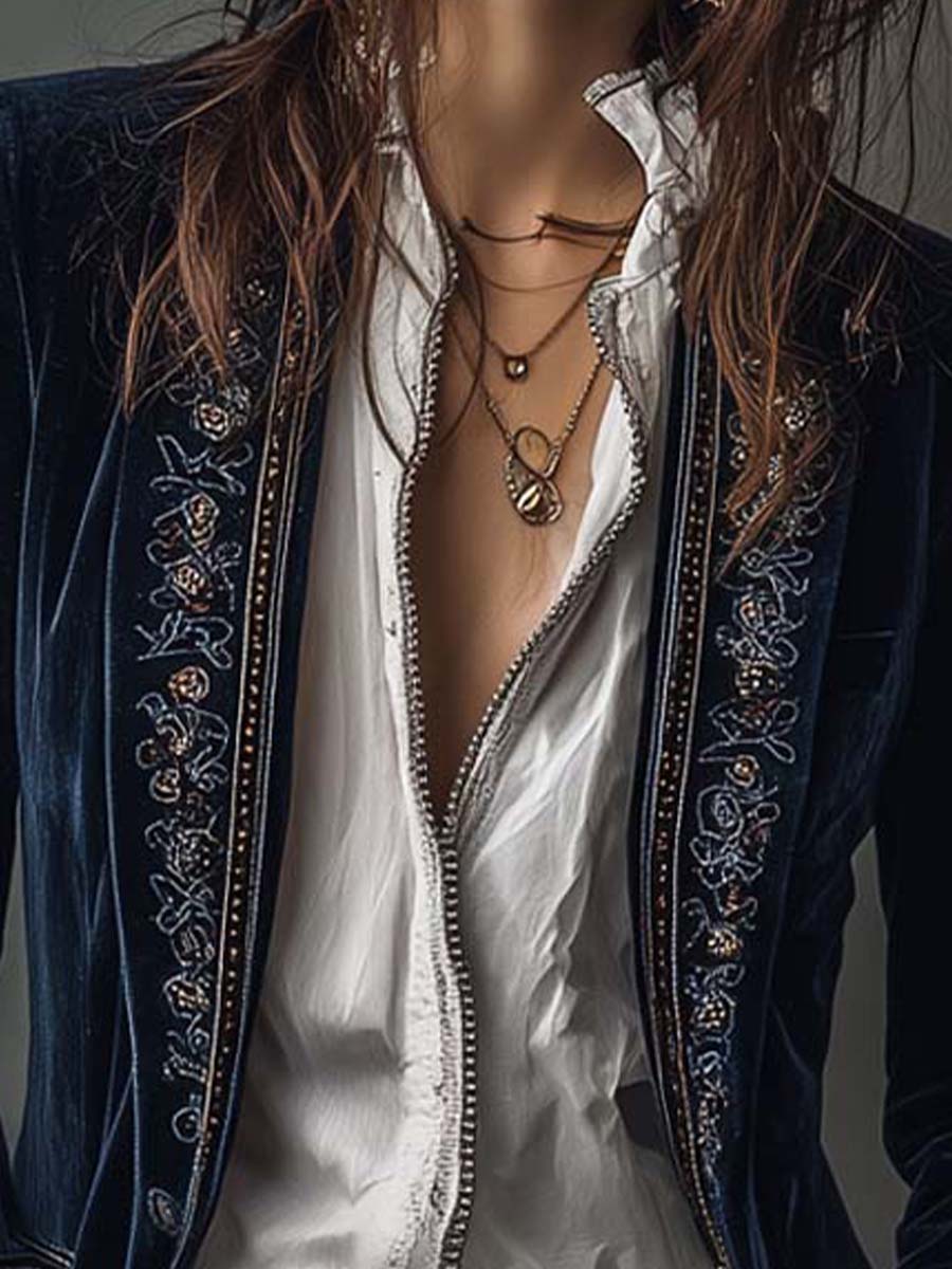 Adele | Blazer Lungo Vintage Ricamato Blu Navy