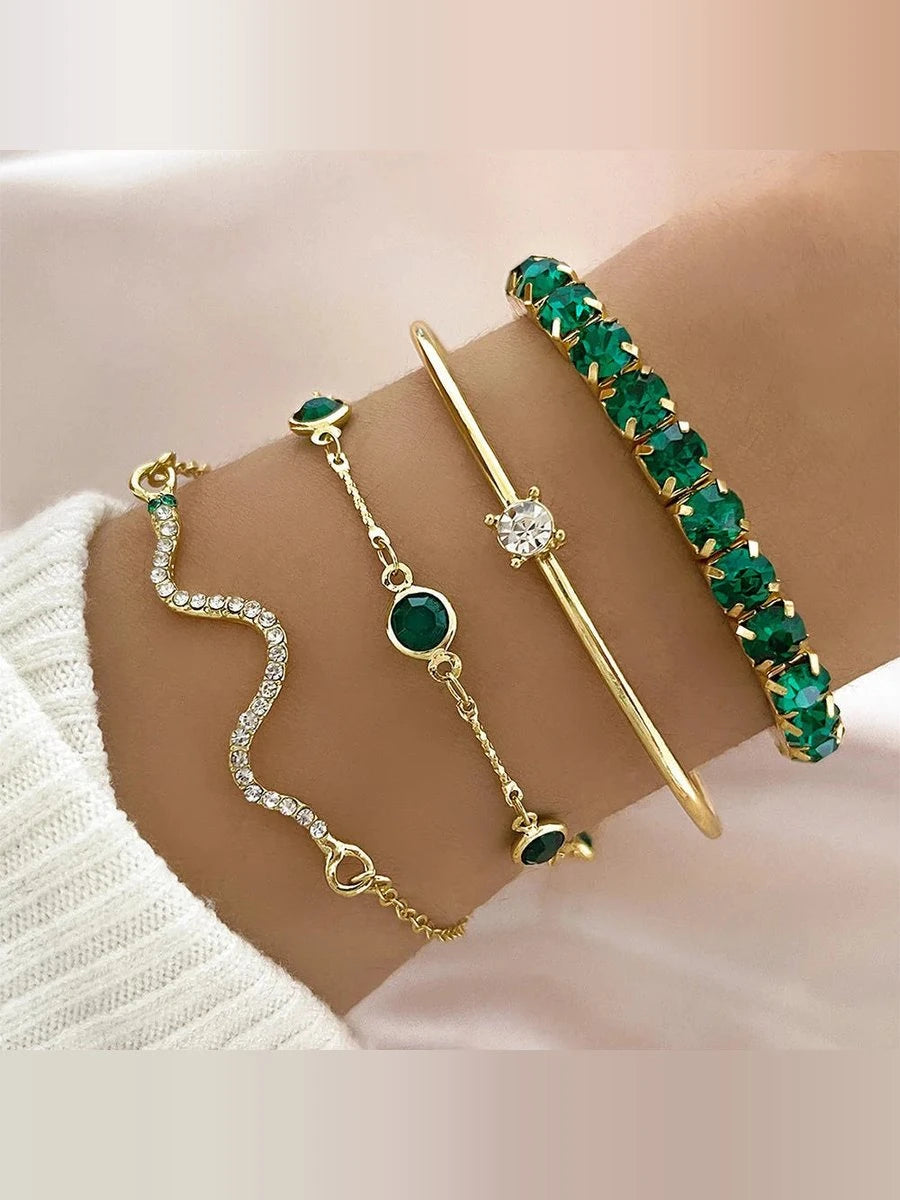 Celina | Set de 4 Pulseras Esmeralda Dorado