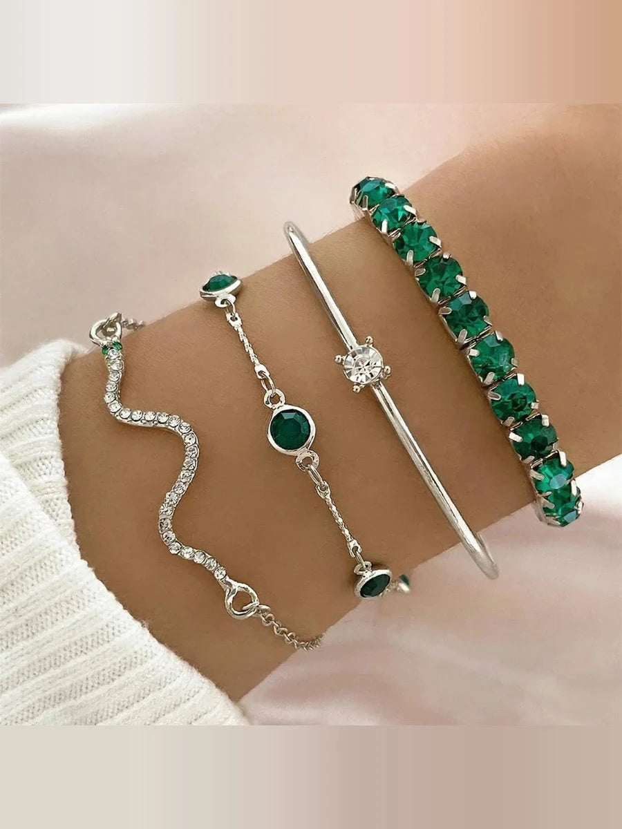 Celina | Set de 4 Pulseras Esmeralda Plateado