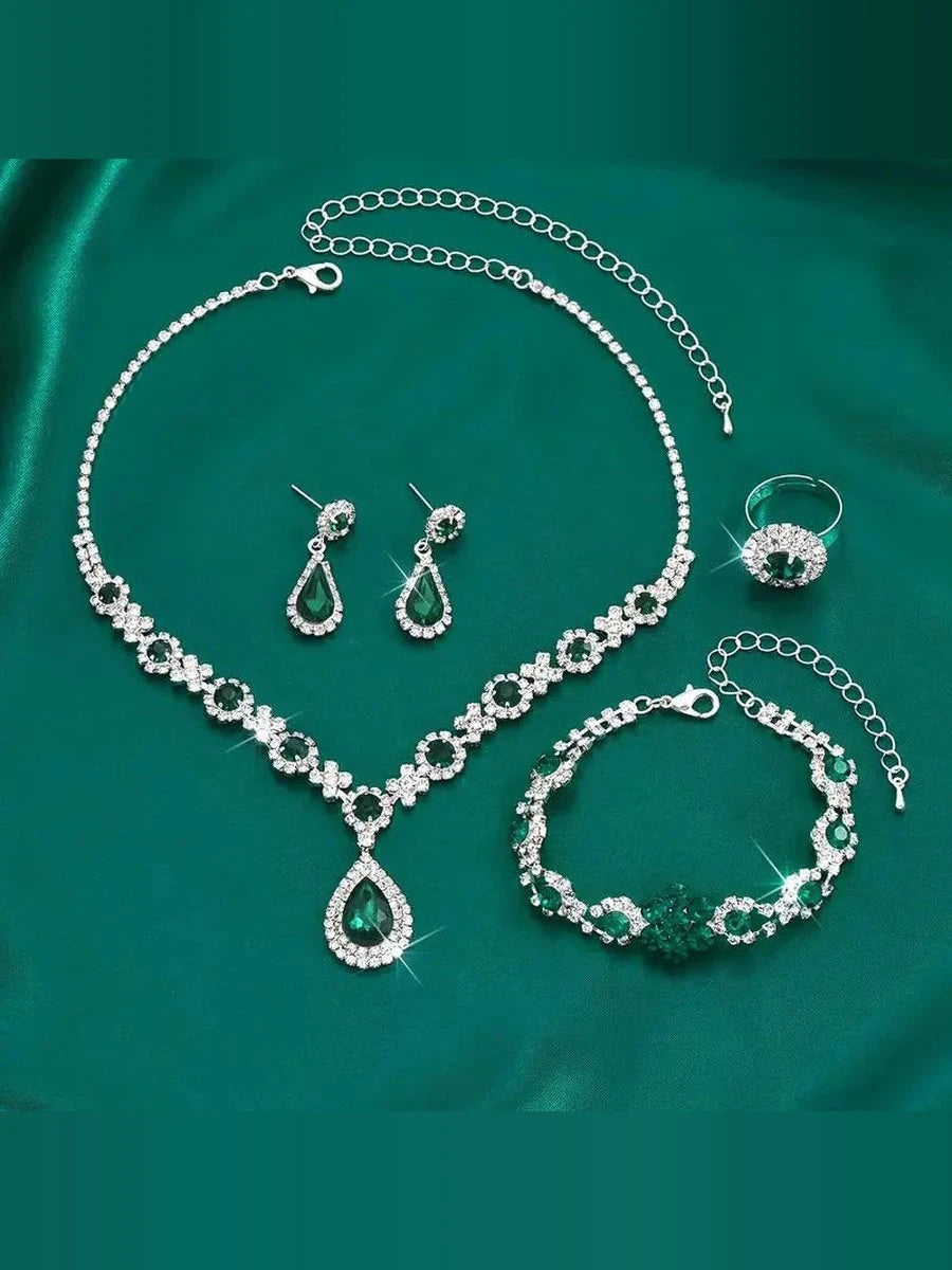 Lucía | Set de Joyas Esmeralda de 4 Piezas Plateado