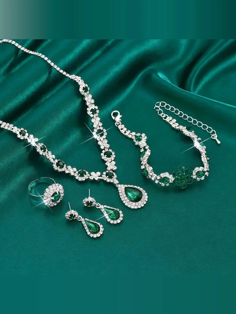 Lucía | Set de Joyas Esmeralda de 4 Piezas Plateado