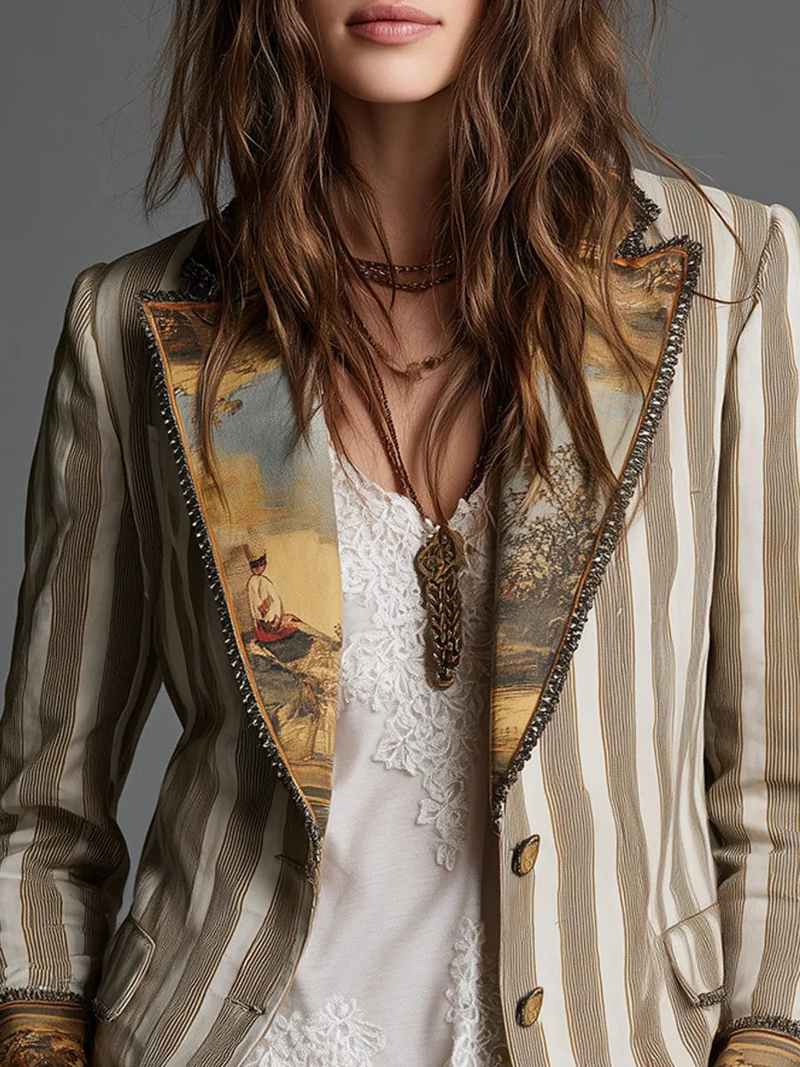 Rosaura | Blazer Bohemio de Rayas con Cuello Estampado
