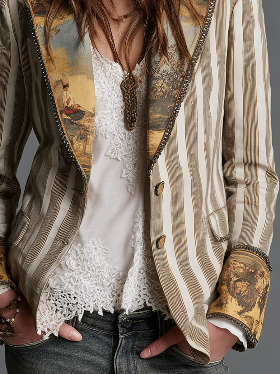 Rosaura | Blazer Bohemio de Rayas con Cuello Estampado