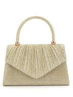 Bolso de mano plisado dorado con asa rígida y solapa en V