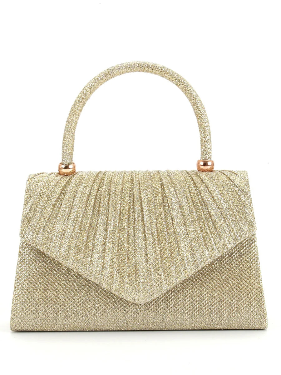 Bolso de mano plisado dorado con asa rígida y solapa en V