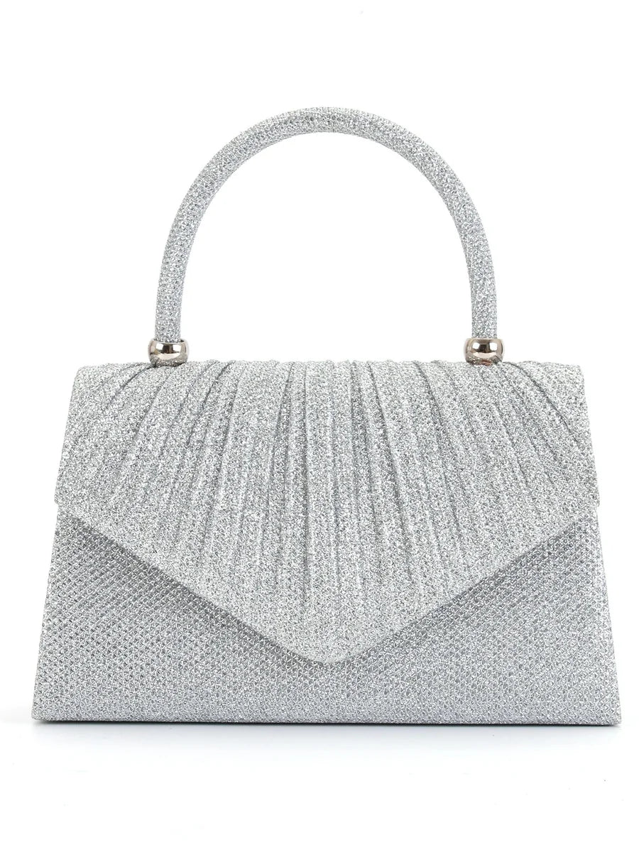 Bolso de mano plisado plateado con asa rígida y solapa en V