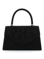Bolso de mano plisado negro con asa rígida y solapa en V