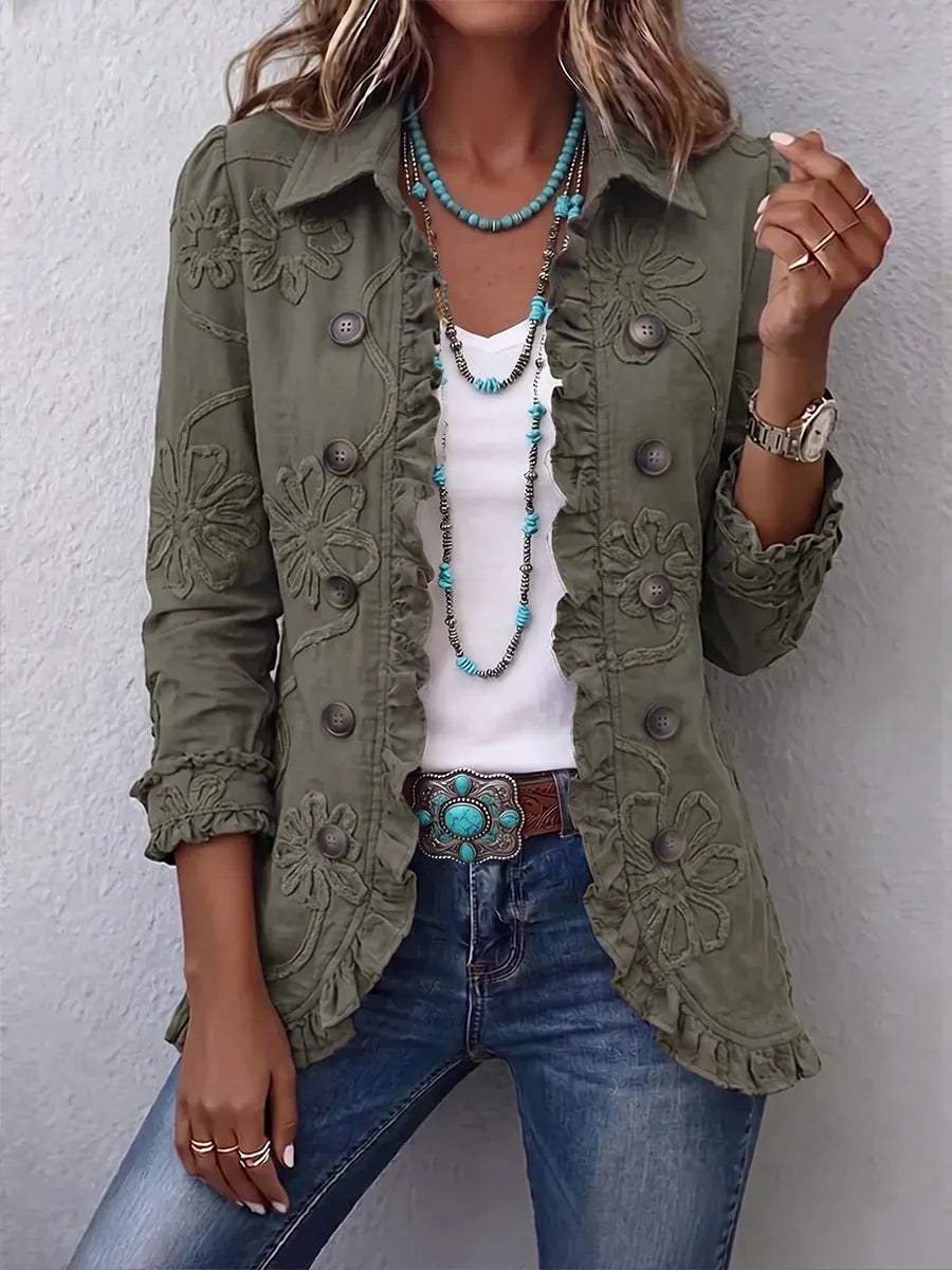 Romina | Chaqueta Bohemia Bordada con Volantes Verde