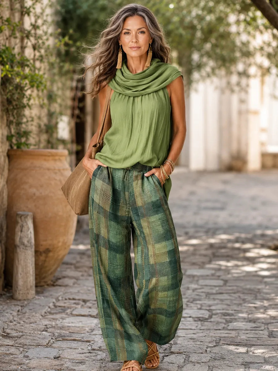 Carina | Conjunto de Top Sin Mangas y Pantalón Ancho de Cuadros
