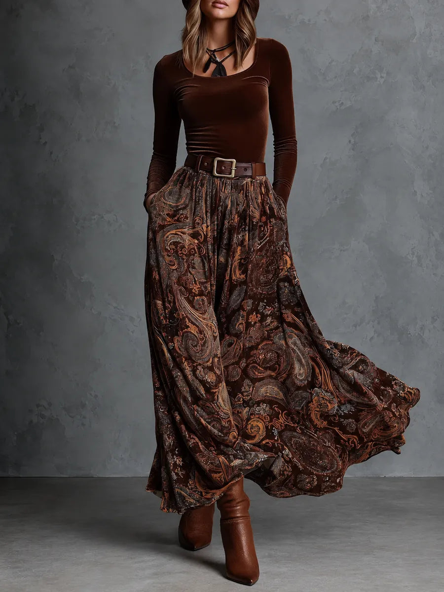 Paz | Conjunto de Top de Terciopelo y Falda Larga Estampada