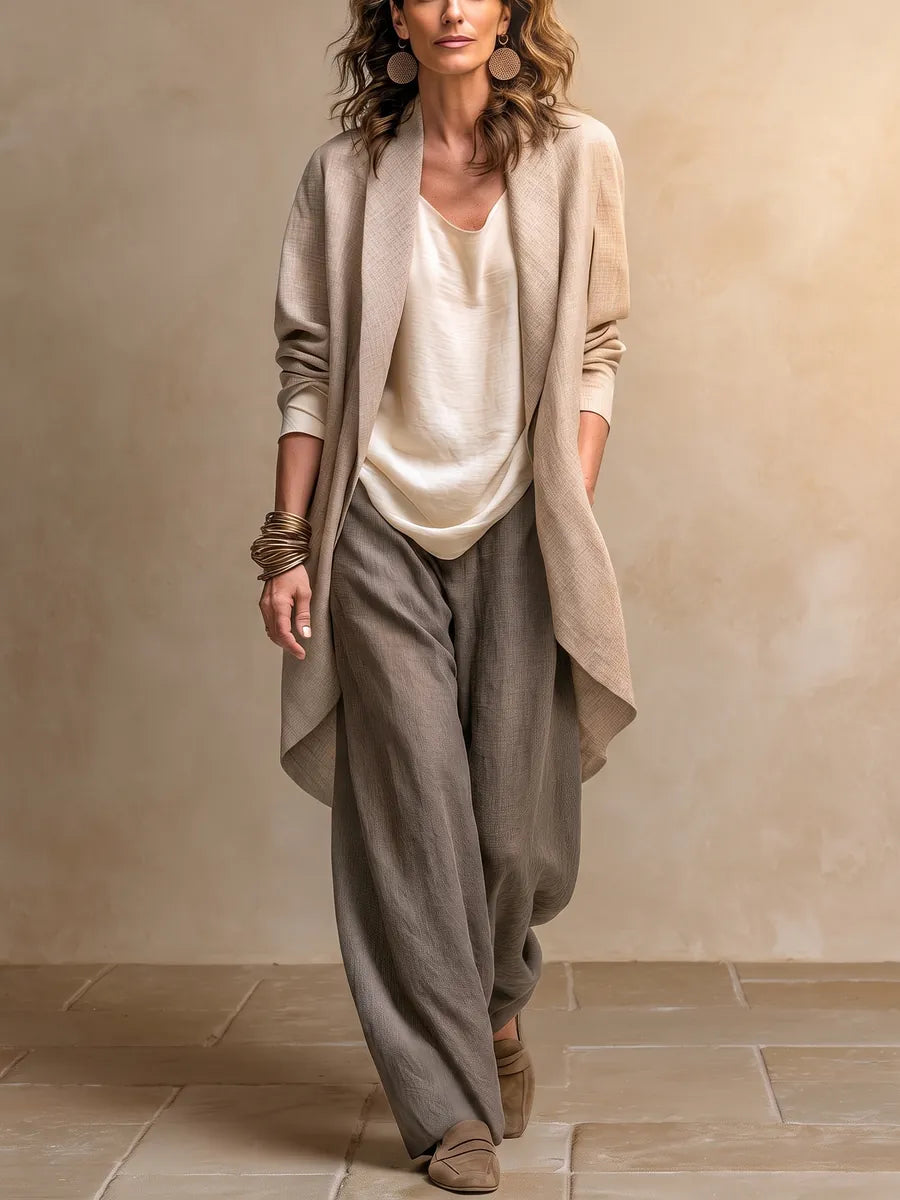 Silvana | Conjunto de 3 Piezas Beige y Gris con Pantalón Palazzo