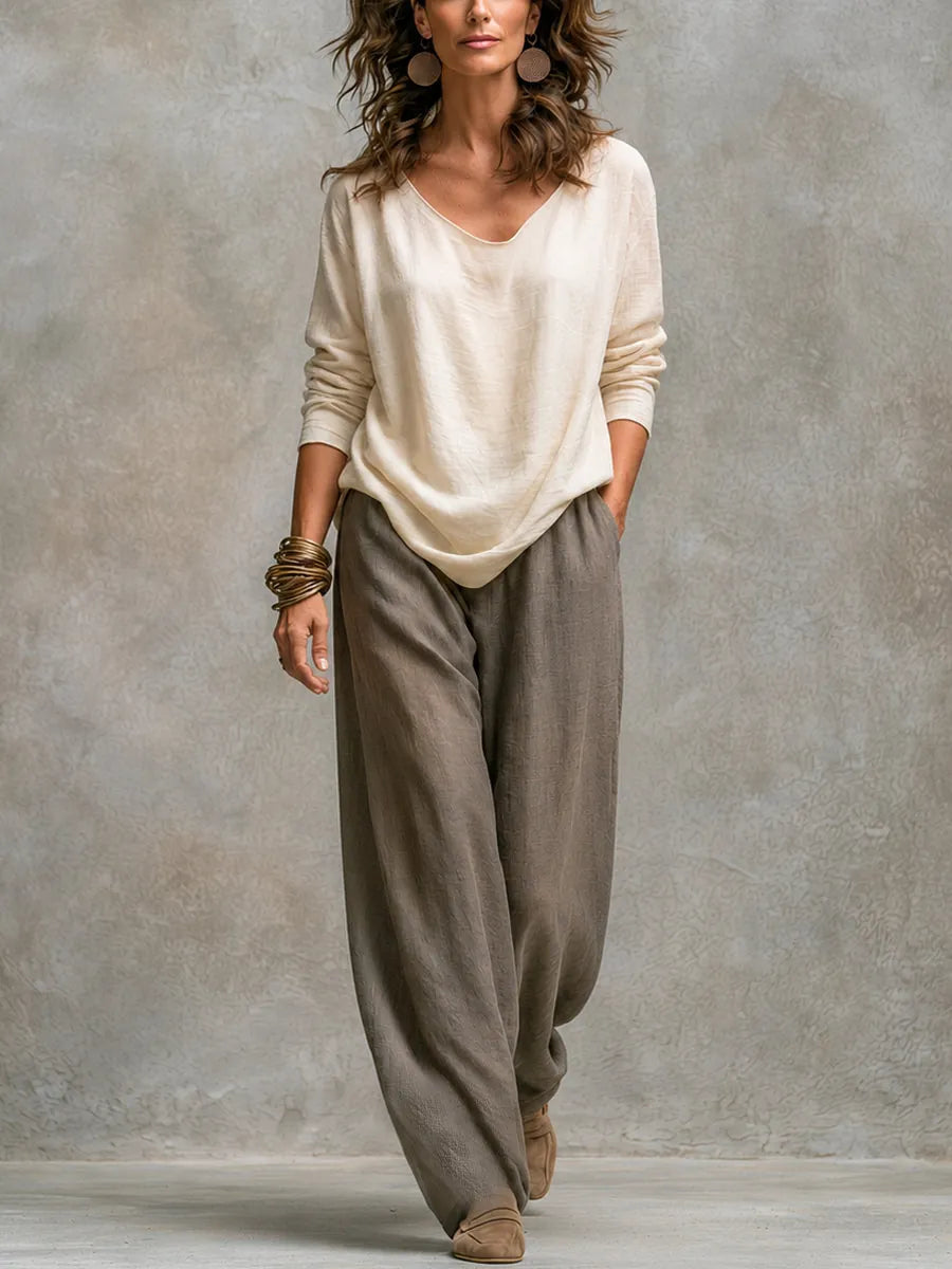Silvana | Conjunto de 3 Piezas Beige y Gris con Pantalón Palazzo