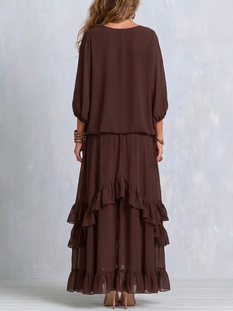 Zoraida | Conjunto de Blusa con Volantes y Falda de Capas Marrón
