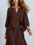 Zoraida | Conjunto de Blusa con Volantes y Falda de Capas Marrón