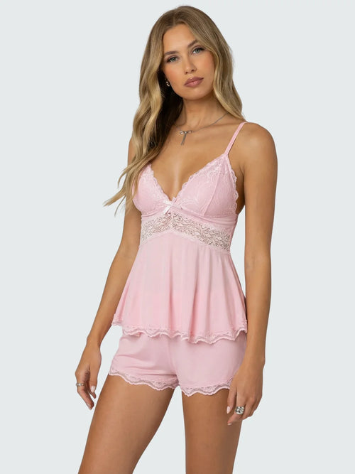 Conjunto de Pijama de Camisola y Short con Encaje, color rosa suave