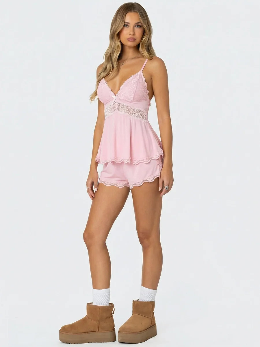 Conjunto de Pijama de Camisola y Short con Encaje, color rosa suave