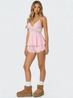 Conjunto de Pijama de Camisola y Short con Encaje, color rosa suave