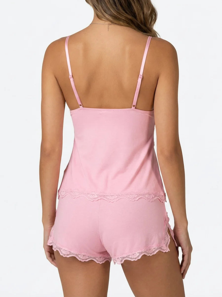 Conjunto de Pijama de Camisola y Short con Encaje, color rosa suave