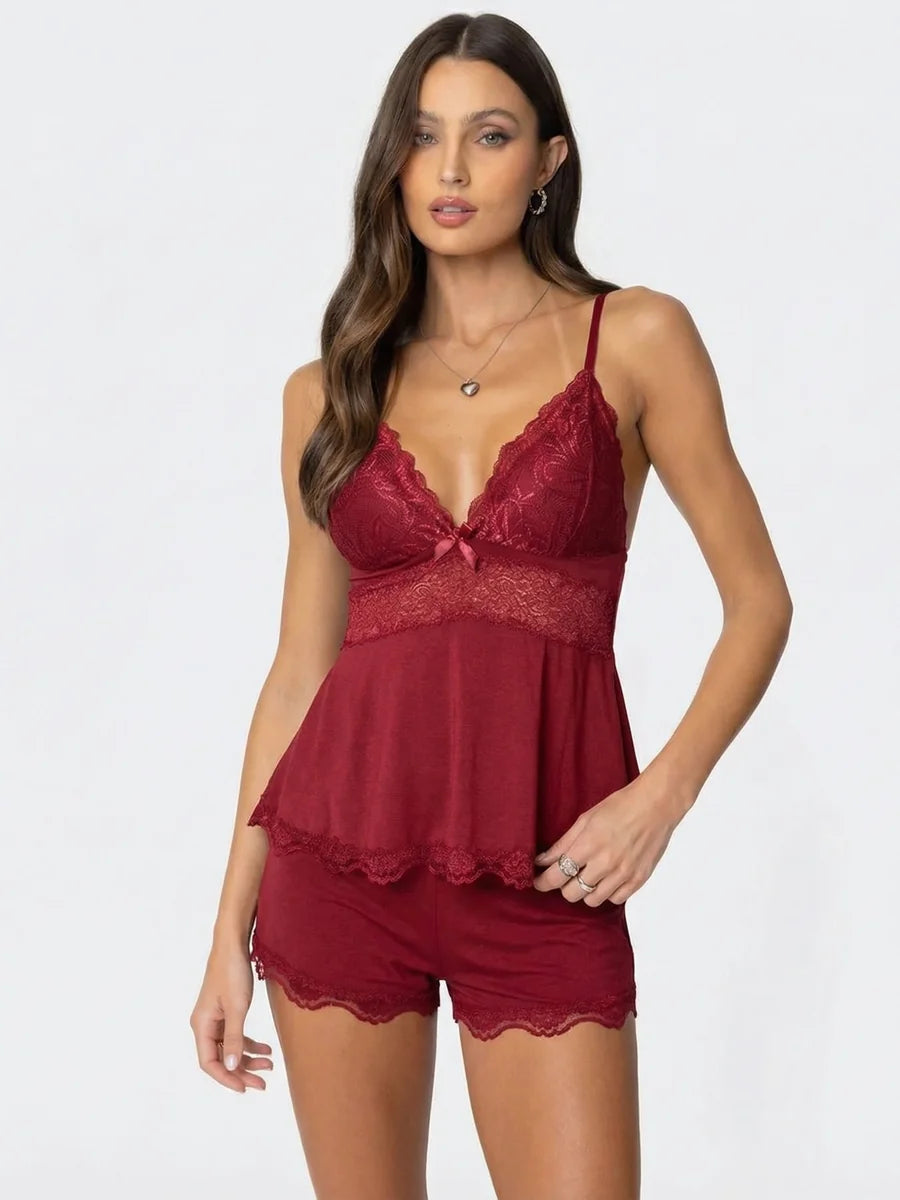 Conjunto de Pijama de Camisola y Short con Encaje, color burdeos