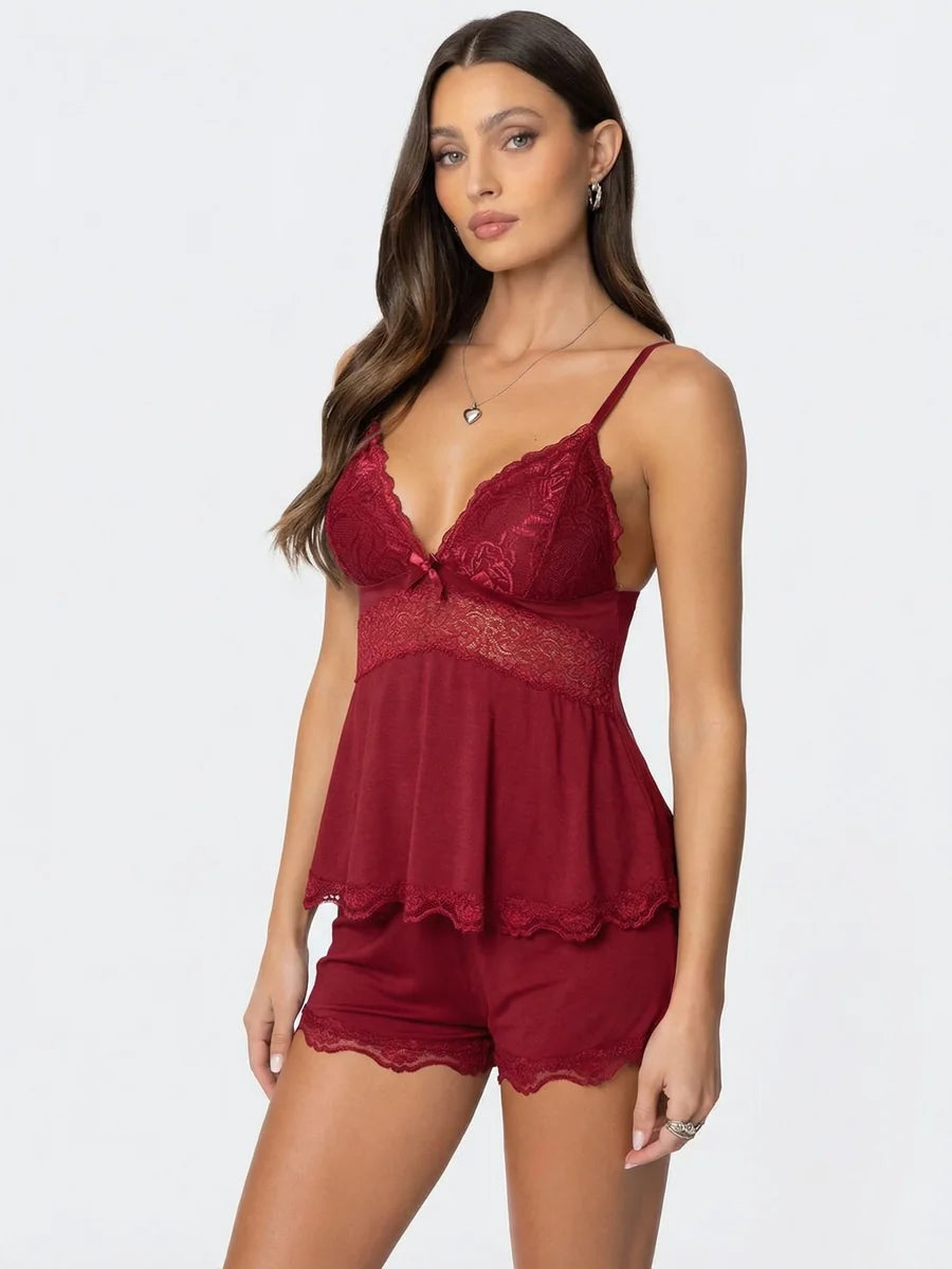 Conjunto de Pijama de Camisola y Short con Encaje, color burdeos