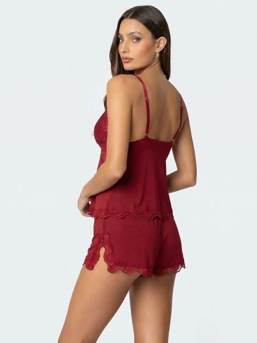 Conjunto de Pijama de Camisola y Short con Encaje, color burdeos
