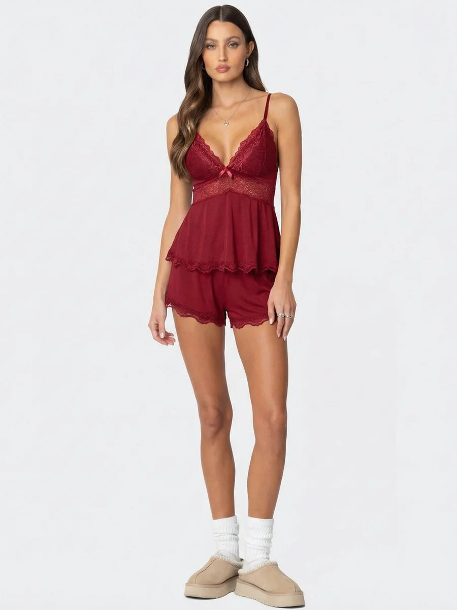 Conjunto de Pijama de Camisola y Short con Encaje, color burdeos