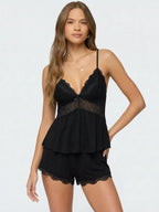 Conjunto de Pijama de Camisola y Short con Encaje, color negro