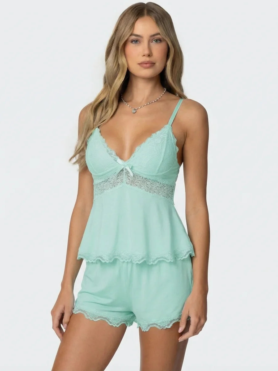 Conjunto de Pijama de Camisola y Short con Encaje, color verde menta