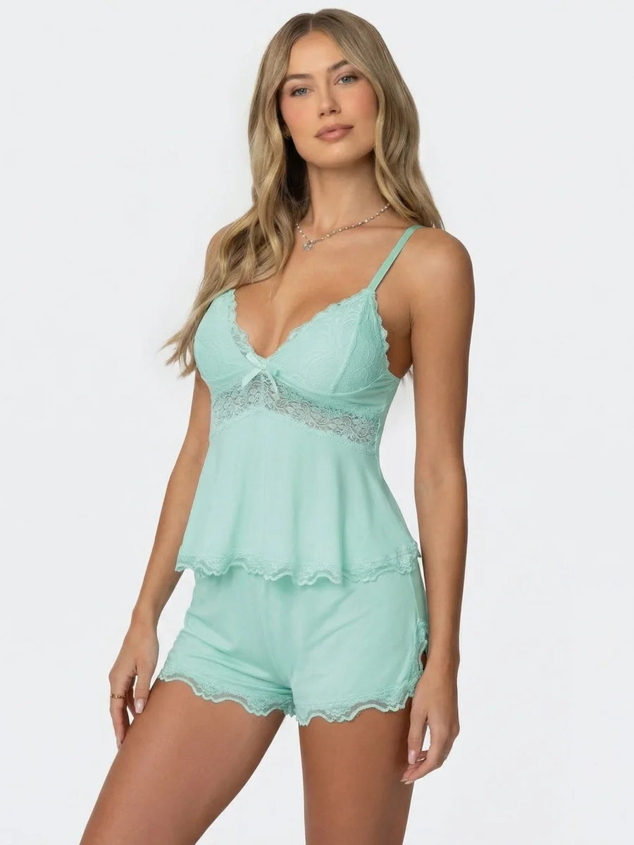 Conjunto de Pijama de Camisola y Short con Encaje, color verde menta