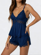 Conjunto de Pijama de Camisola y Short con Encaje, color azul marino
