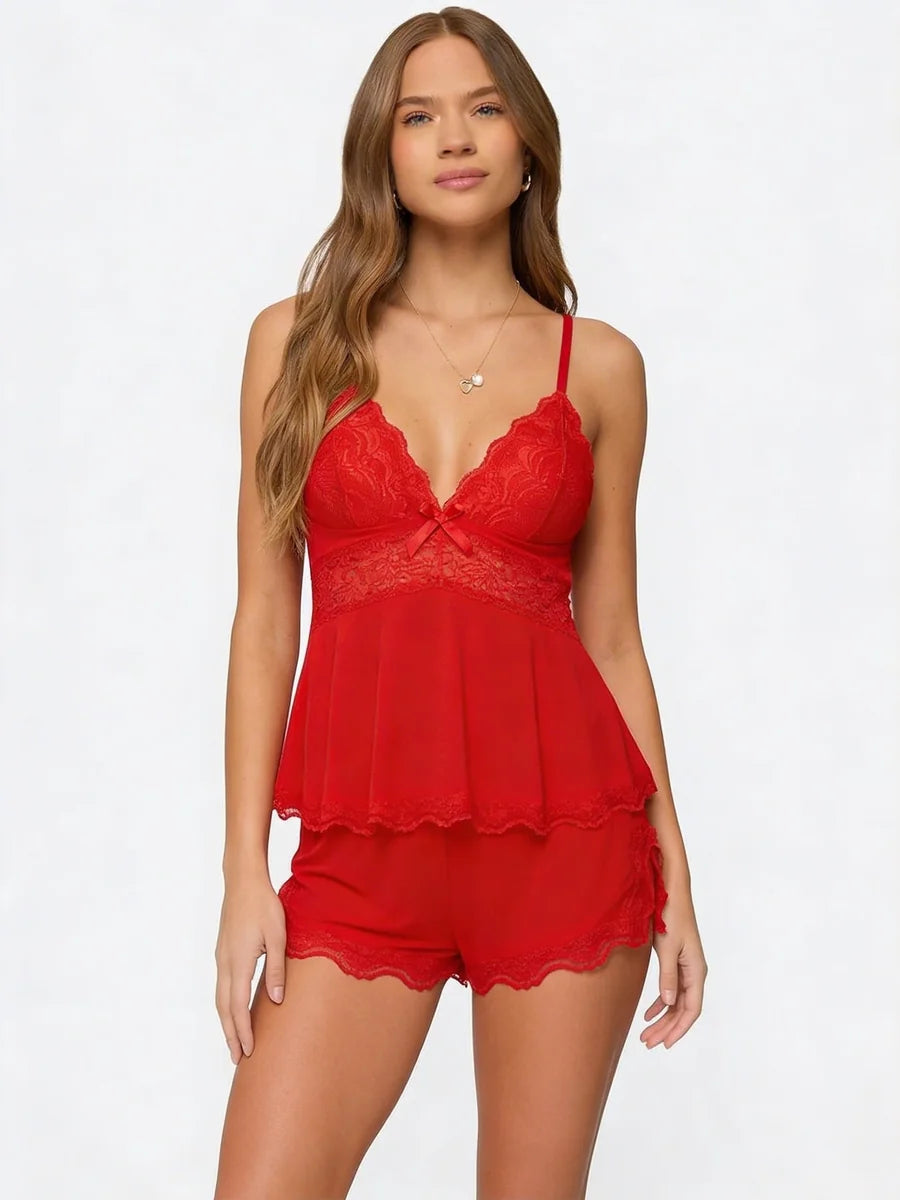 Conjunto de Pijama de Camisola y Short con Encaje, color rojo
