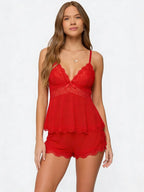 Conjunto de Pijama de Camisola y Short con Encaje, color rojo