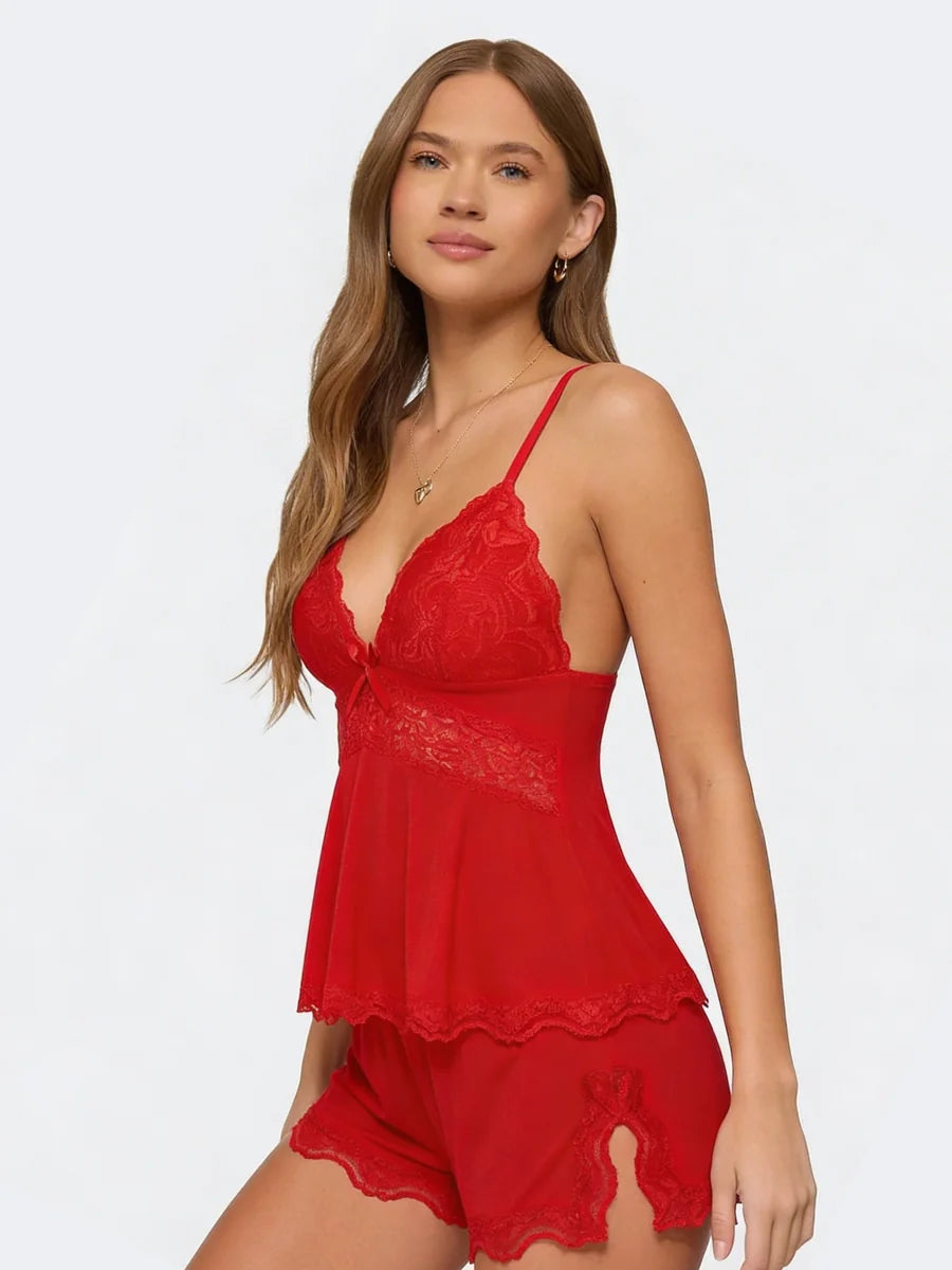Conjunto de Pijama de Camisola y Short con Encaje, color rojo