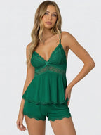 Conjunto de Pijama de Camisola y Short con Encaje, color verde oscuro