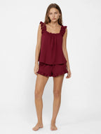 Conjunto de Pijama con Tirantes de Volantes y Short, color burdeos