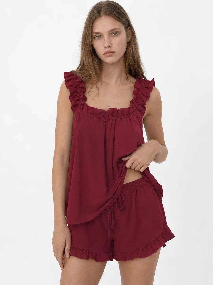 Conjunto de Pijama con Tirantes de Volantes y Short, color burdeos