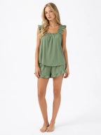 Conjunto de Pijama con Tirantes de Volantes y Short, color verde