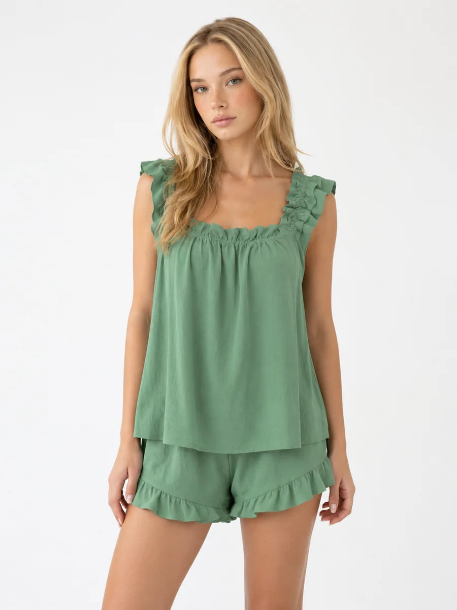 Conjunto de Pijama con Tirantes de Volantes y Short, color verde
