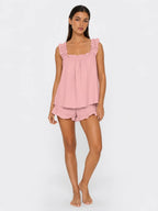 Conjunto de Pijama con Tirantes de Volantes y Short, color rosa