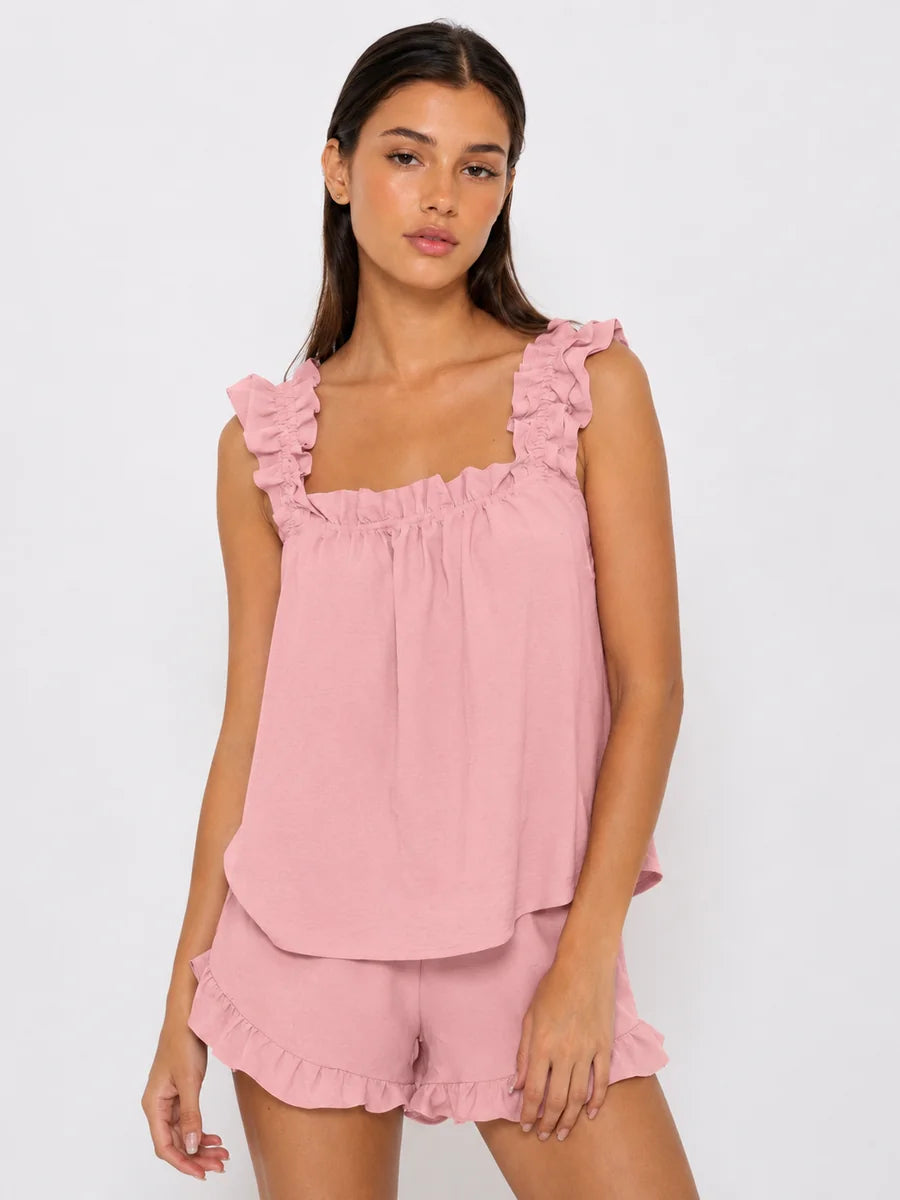 Conjunto de Pijama con Tirantes de Volantes y Short, color rosa