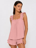 Conjunto de Pijama con Tirantes de Volantes y Short, color rosa