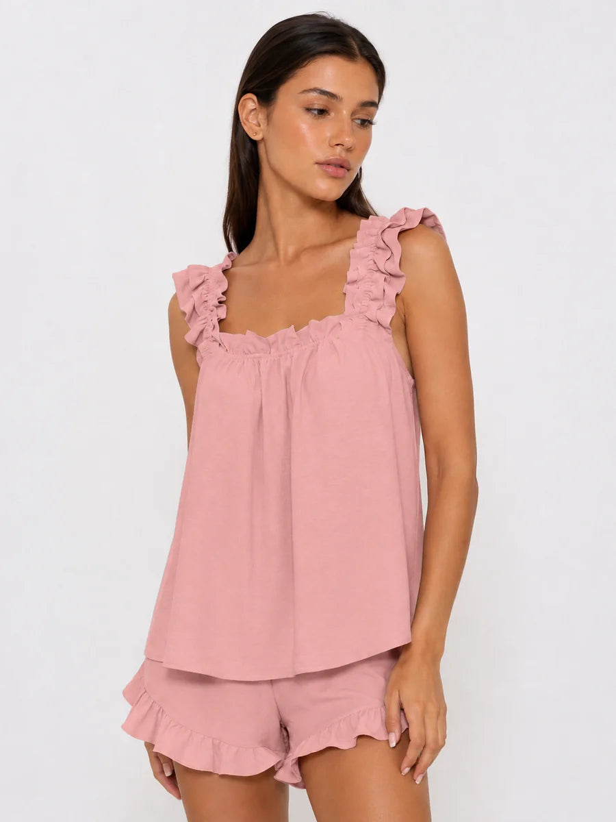 Conjunto de Pijama con Tirantes de Volantes y Short, color rosa