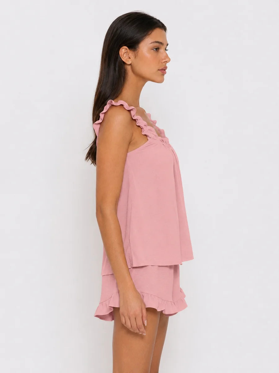 Conjunto de Pijama con Tirantes de Volantes y Short, color rosa