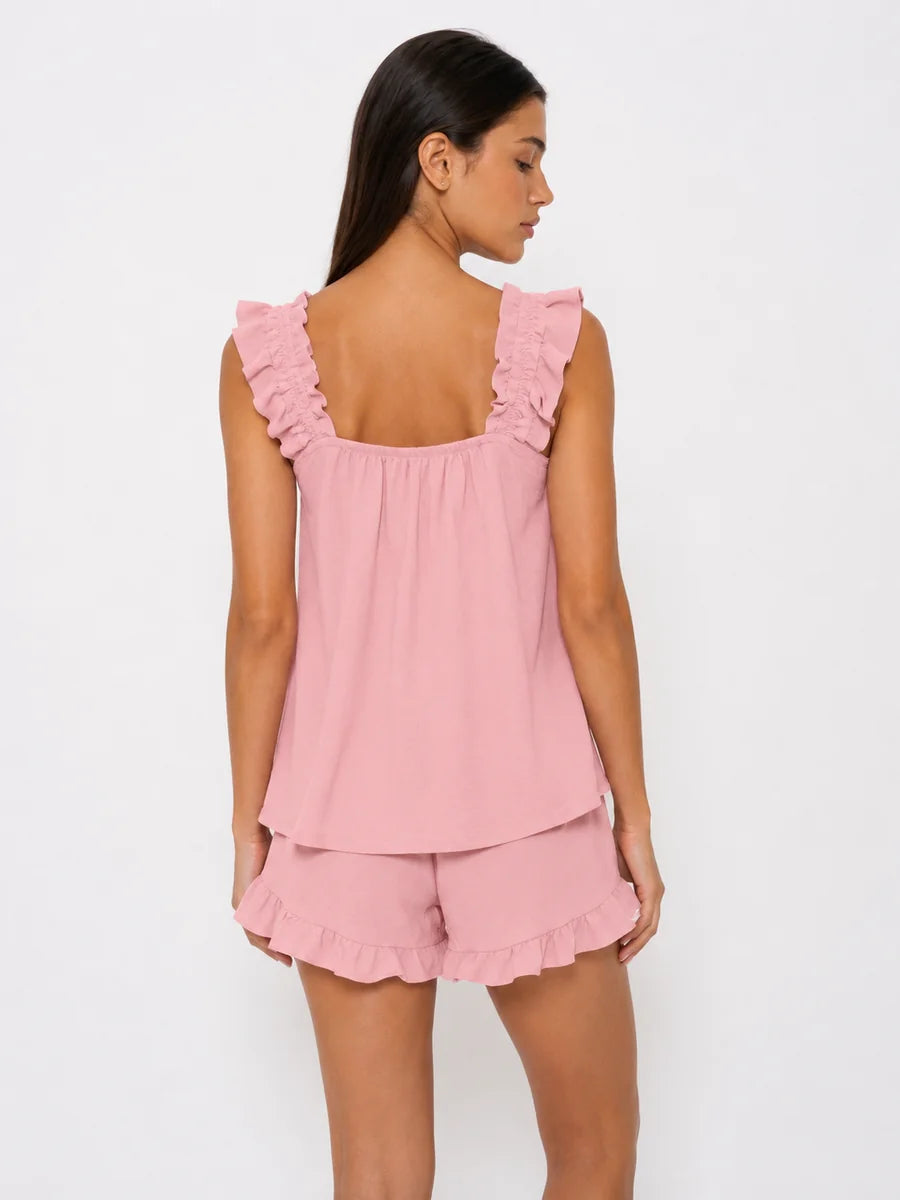 Conjunto de Pijama con Tirantes de Volantes y Short, color rosa