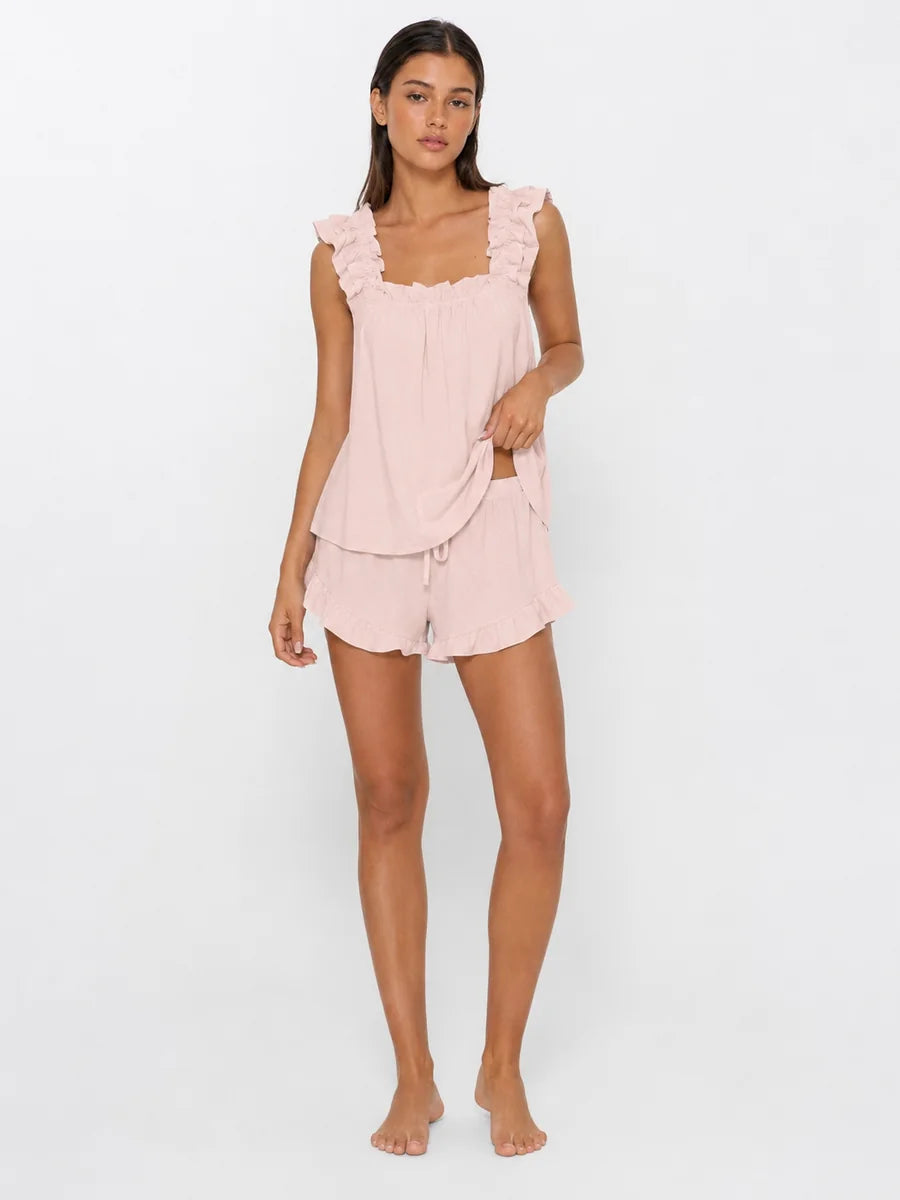 Conjunto de Pijama con Tirantes de Volantes y Short, color rosa suave