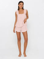 Conjunto de Pijama con Tirantes de Volantes y Short, color rosa suave