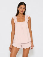 Conjunto de Pijama con Tirantes de Volantes y Short, color rosa suave